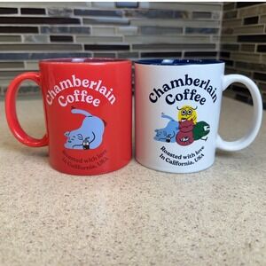 Chamberlain Coffee Mug Set‎ Red Lazy Cat & White Mascot Ceramic Coffee Cups 2pc